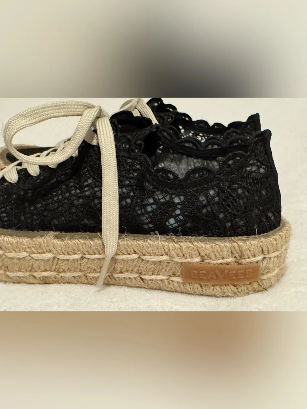 SeaVees Women’s Coronado Espadrille Black Embroidered Lace Sneaker Size 7.5